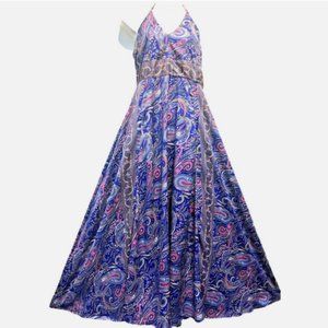 SACRED THREADS paisley boho funky soft poly/silk maxi halter DRESS M